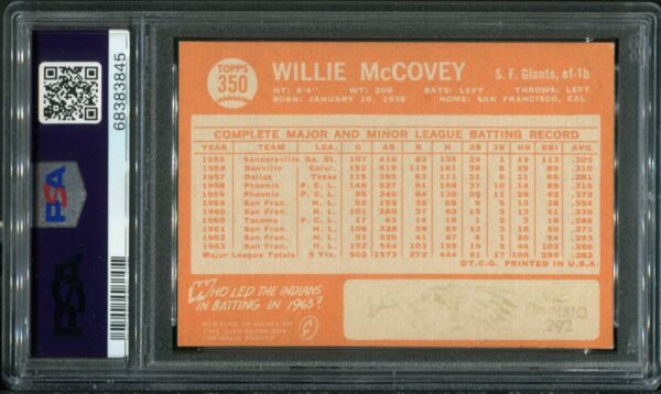 1964 Topps #350 Willie McCovey PSA 6 HOF (68383845) - Image 3