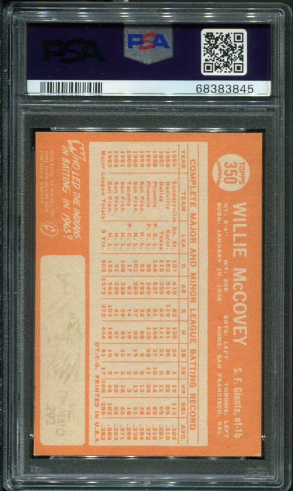 1964 Topps #350 Willie McCovey PSA 6 HOF (68383845) - Image 2