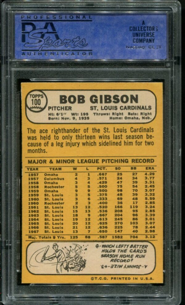 1968 Topps #100 Bob Gibson PSA 7 HOF (30158100) - Image 2
