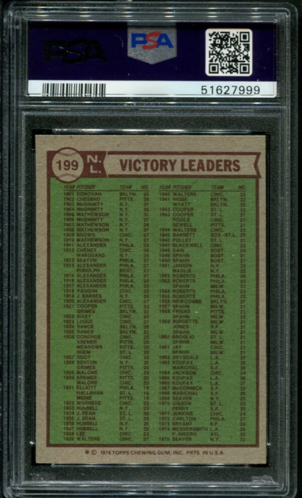 1976 Topps #199 NL Victory Leaders Tom Seaver PSA 8 (51627999) - Image 2
