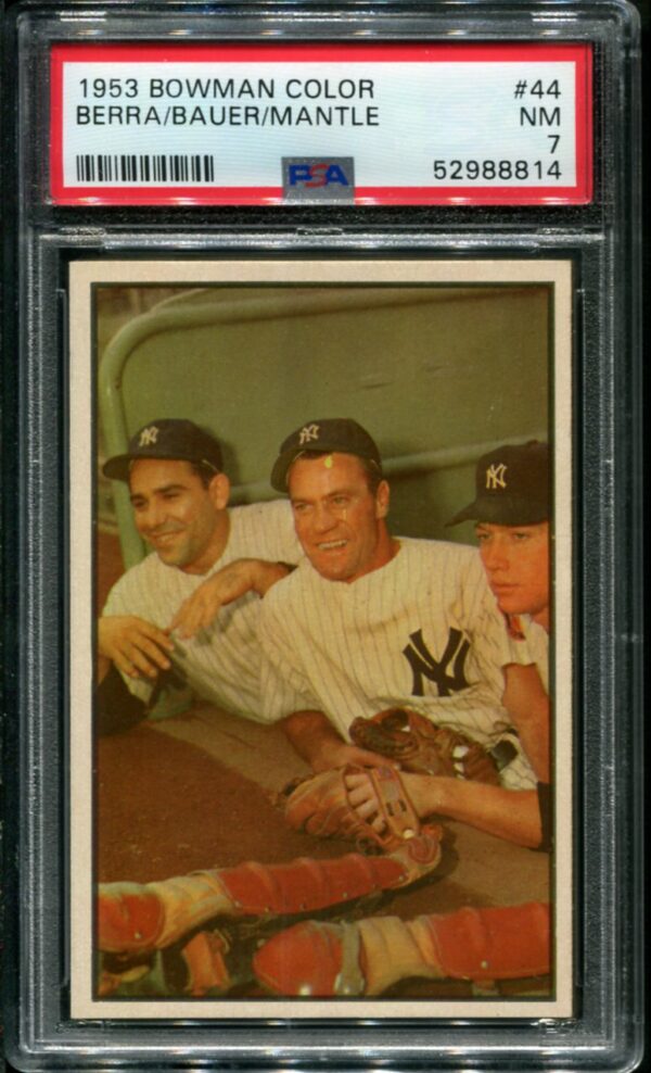 1953 Bowman Color #44 Mickey Mantle, Yogi Berra, Hank Bauer PSA 7 (52988814)