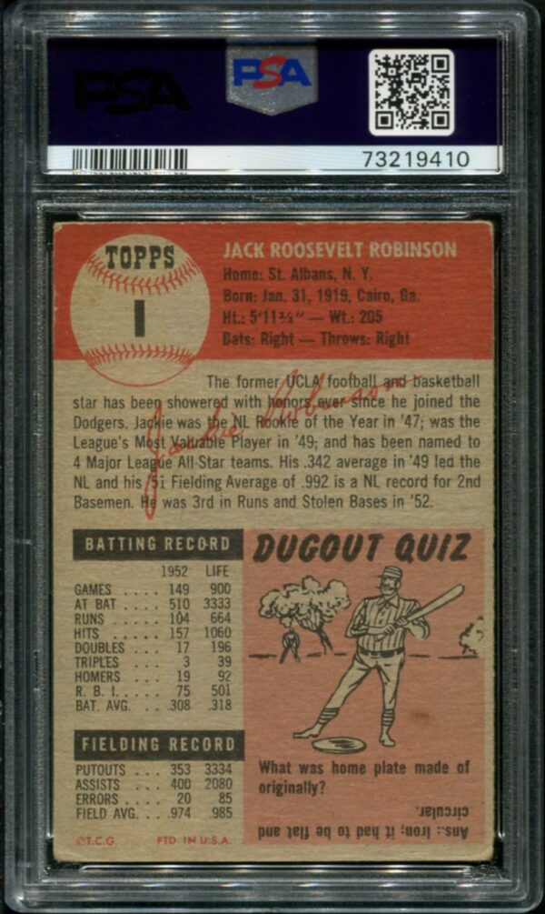 1953 Topps #1 Jackie Robinson PSA 2 HOF (73219410) - Image 2
