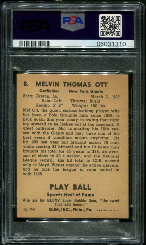 1941 Play Ball #8 Mel Ott PSA 7 HOF (06031310) - Image 2