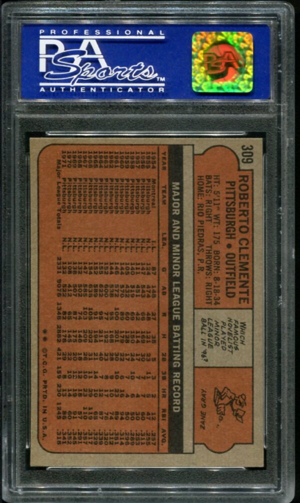 1972 Topps #309 Roberto Clemente PSA 7 HOF (06124845) - Image 2