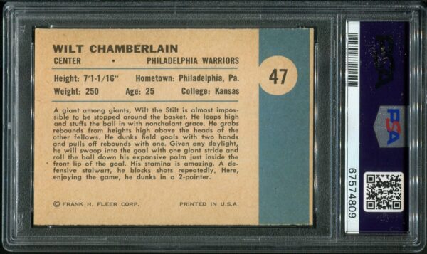 1961 Fleer #47 Wilt Chamberlain In Action PSA 6 HOF (67574809) - Image 3