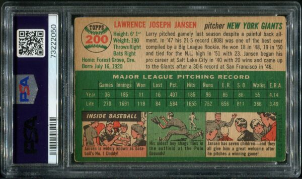 1954 Topps #200 Larry Jansen Autographed PSA Authentic Auto 9 (73222050) - Image 3