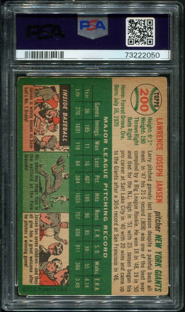 1954 Topps #200 Larry Jansen Autographed PSA Authentic Auto 9 (73222050) - Image 2