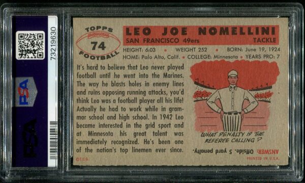 Authentic 1956 Topps #74 Leo Nomellini PSA 5 Rookie Football Card