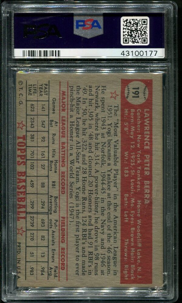 Authentic 1952 Topps #191 Yogi Berra PSA 4 Baseball Card