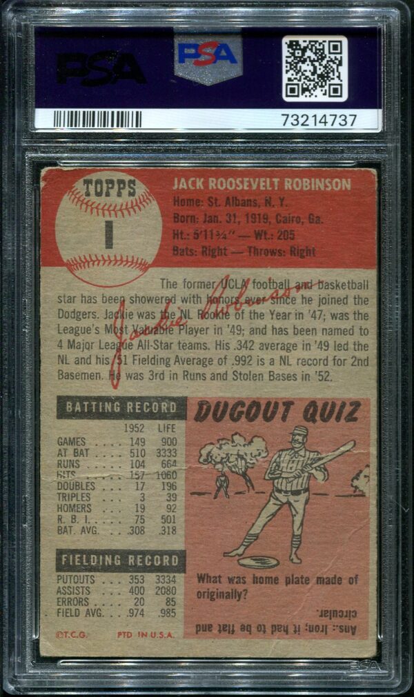 1953 Topps #1 Jackie Robinson PSA 1 Baseball Card Back