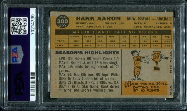 1960 Topps #300 Hank Aaron PSA 3.5 Baseball Card Back
