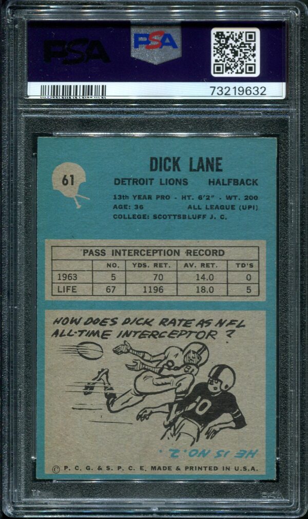 1964 Philadelphia #61 Dick Lane PSA 7 Football Card