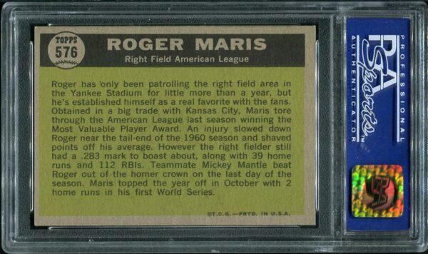 1961 Topps #576 Roger Maris All Star PSA 7 Baseball Card Back