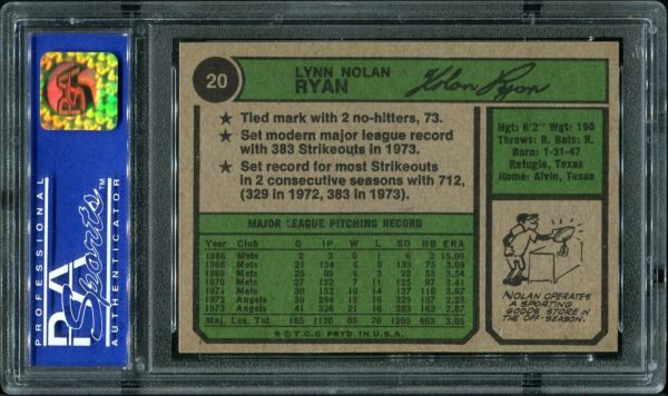 1974 Topps #20 Nolan Ryan PSA 8 Baseball Card Back