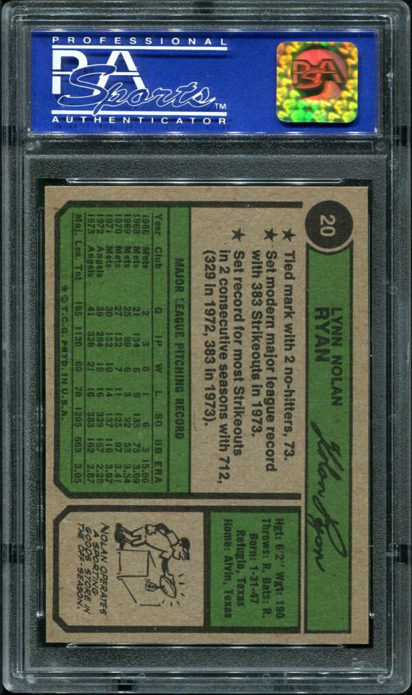 1974 Topps #20 Nolan Ryan PSA 8 Baseball Card Back