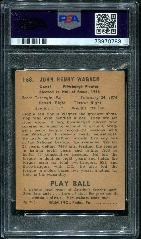 1940 Play Ball #168 Honus Wagner PSA 3 Baseball Card Back