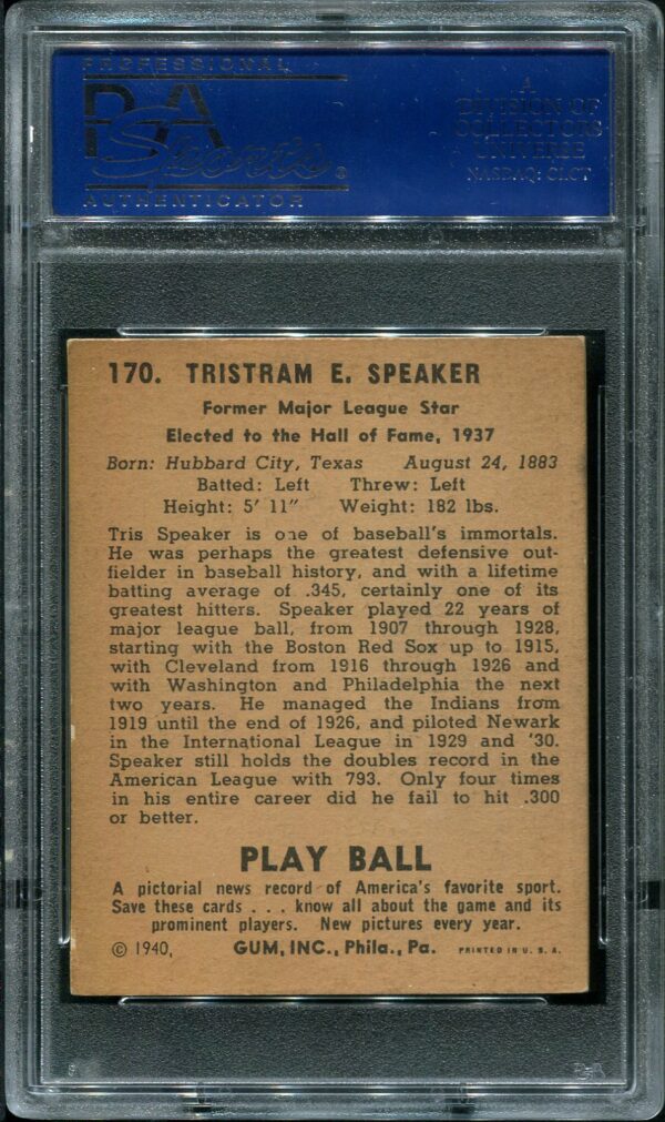 1940 Play Ball #170 Tris Speaker PSA 6 Baseball Card Back