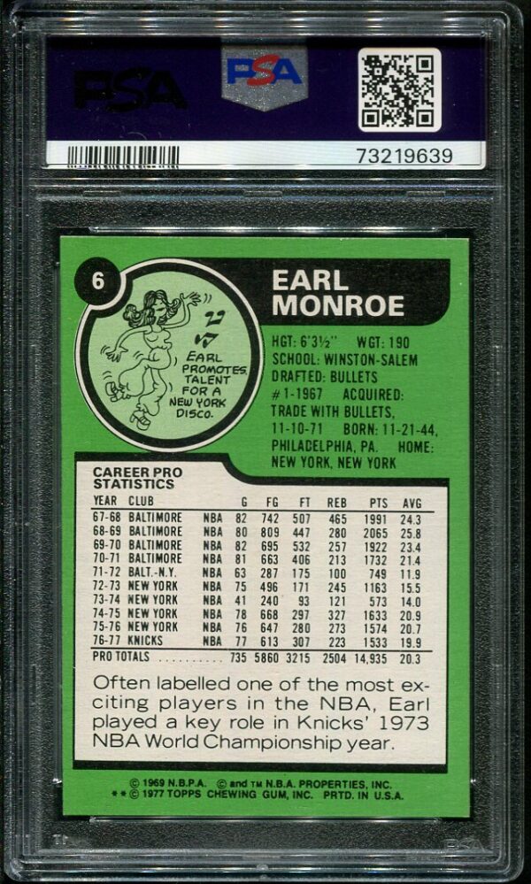 Authentic 1977 Topps #6 Earl Monroe PSA 8 Basketball Card