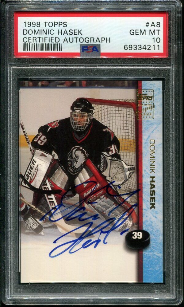 Dominic Hasek's autographed 1998 Topps #A8 hockey card with a GEM MINT PSA 10 card grade!