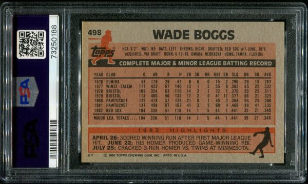 Authentic 1983 Topps #498 Wade Boggs PSA 8 Rookie Baseball Card