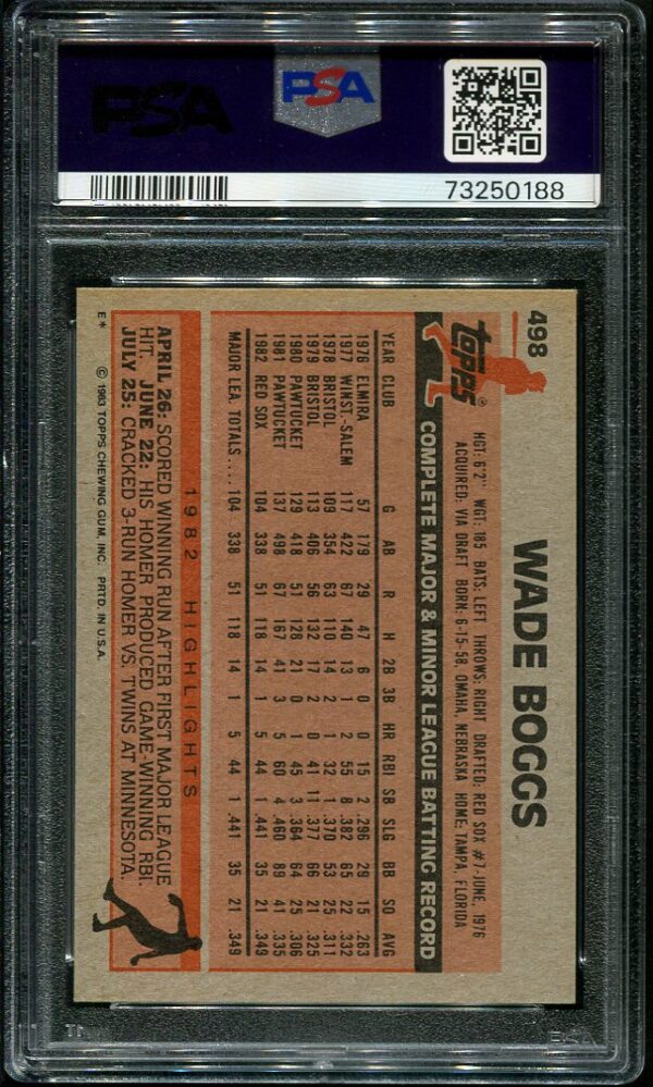 Authentic 1983 Topps #498 Wade Boggs PSA 8 Rookie Baseball Card