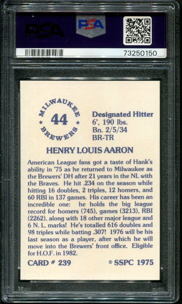 Authentic 1975 SSPC #239 Hank Aaron PSA 10 Baseball Card