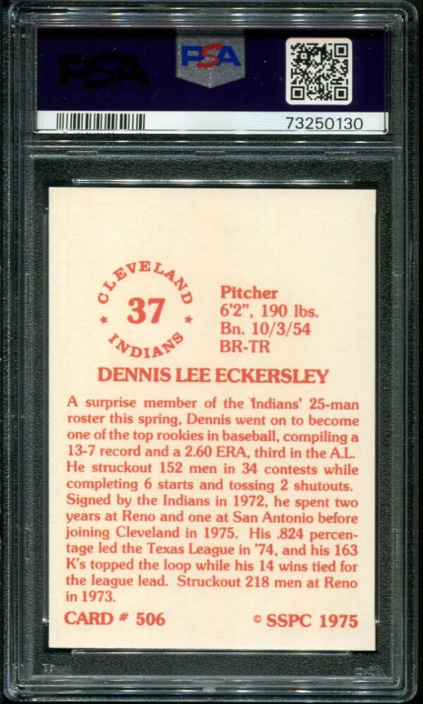 Authentic 1975 SSPC #506 Dennis Eckersley PSA 10 Rookie Baseball Card
