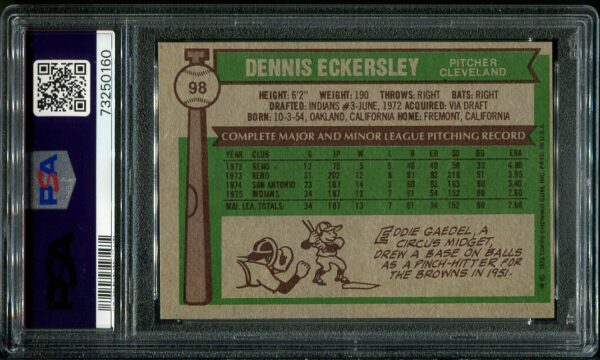 Authentic 1976 Topps #98 Dennis Eckersley PSA 8 Baseball Card