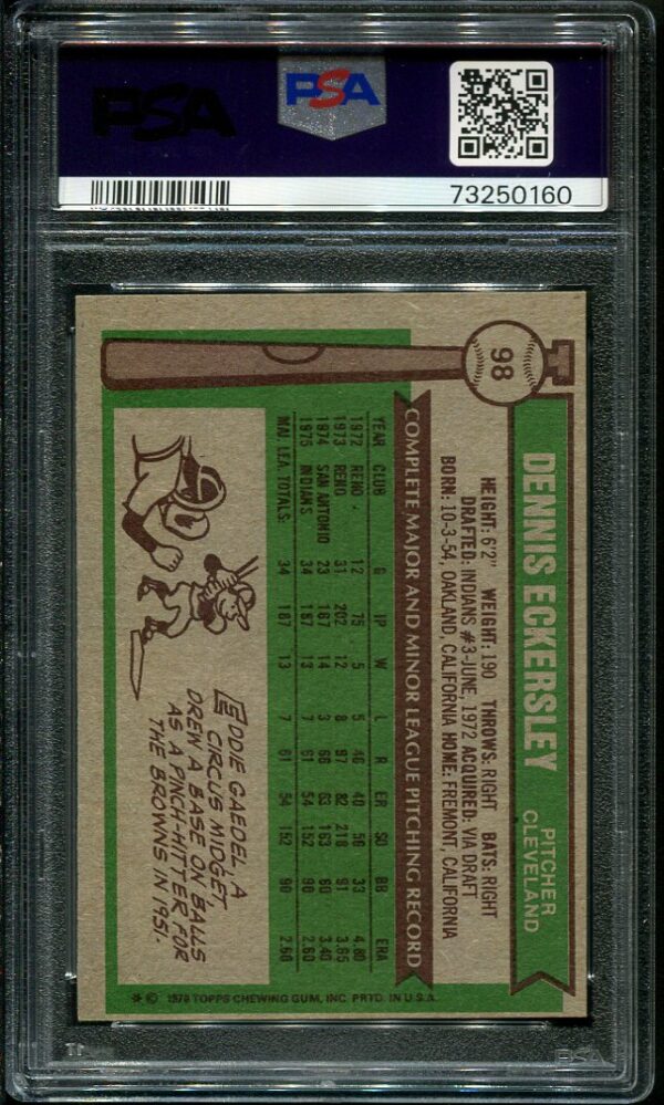 Authentic 1976 Topps #98 Dennis Eckersley PSA 8 Baseball Card