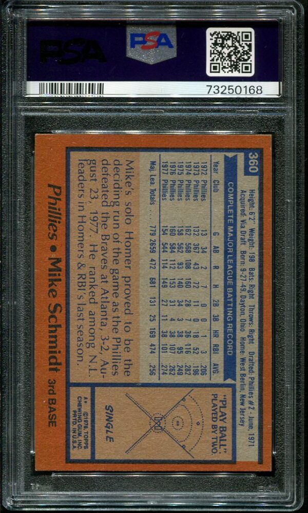 Authentic 1978 Topps #360 Mike Schmidt PSA 9 Baseball Card