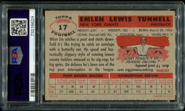Authentic 1956 Topps #17 Emlen Tunnell PSA 6 Football Card