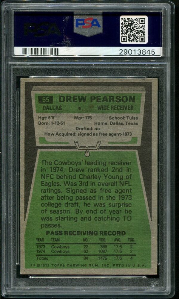 Authentic 1975 Topps #65 Drew Pearson PSA 8 Rookie Football Card