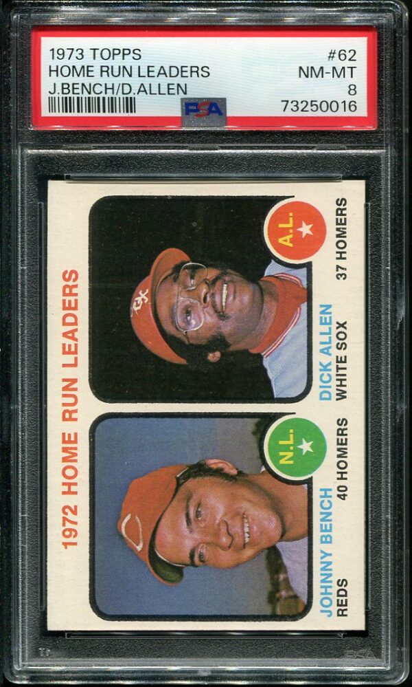 Authentic 1973 Topps #62 Johnny Bench Home Run Leaders PSA 8 Baseball Card