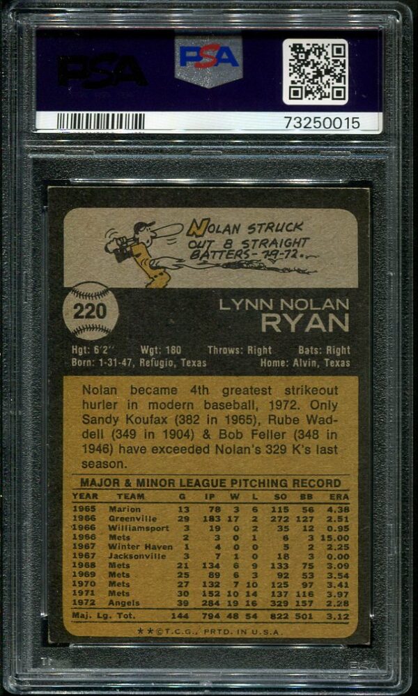 Authentic 1973 Topps #220 Nolan Ryan PSA 8 Baseball Card