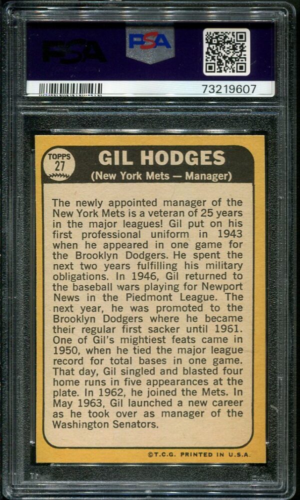 Authentic 1968 Topps #27 Gil Hodges PSA 8 Baseball Card
