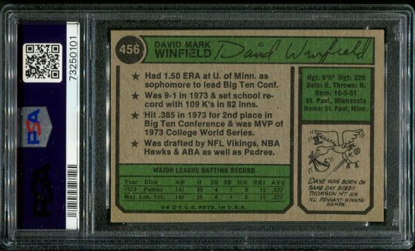 Authentic 1974 Topps #456 Dave Winfield PSA 5 Rookie Baseball Card