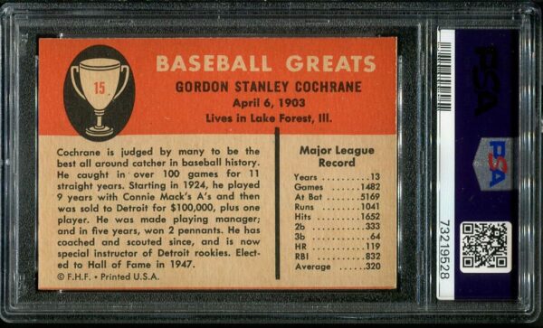 Authentic 1961 Fleer #15 Mickey Cochrane PSA 8 Baseball Card