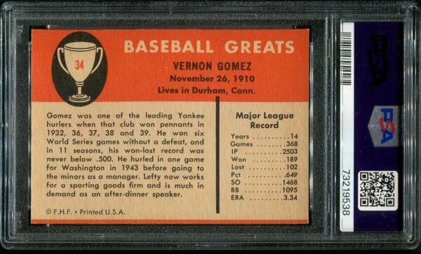 Authentic 1961 Fleer #34 Lefty Gomez PSA 7 Baseball Card