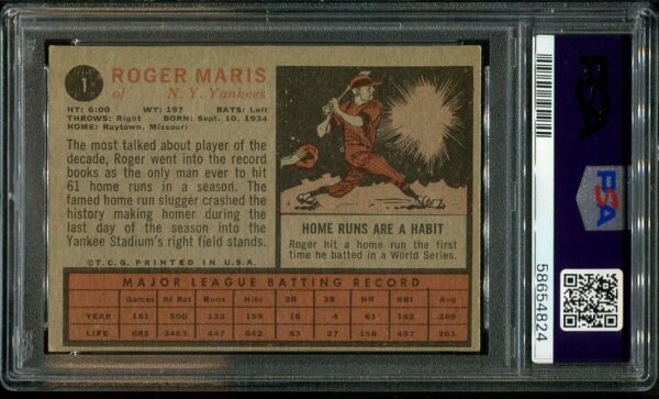 Authentic 1962 Topps #1 Roger Maris PSA 5 Baseball Card