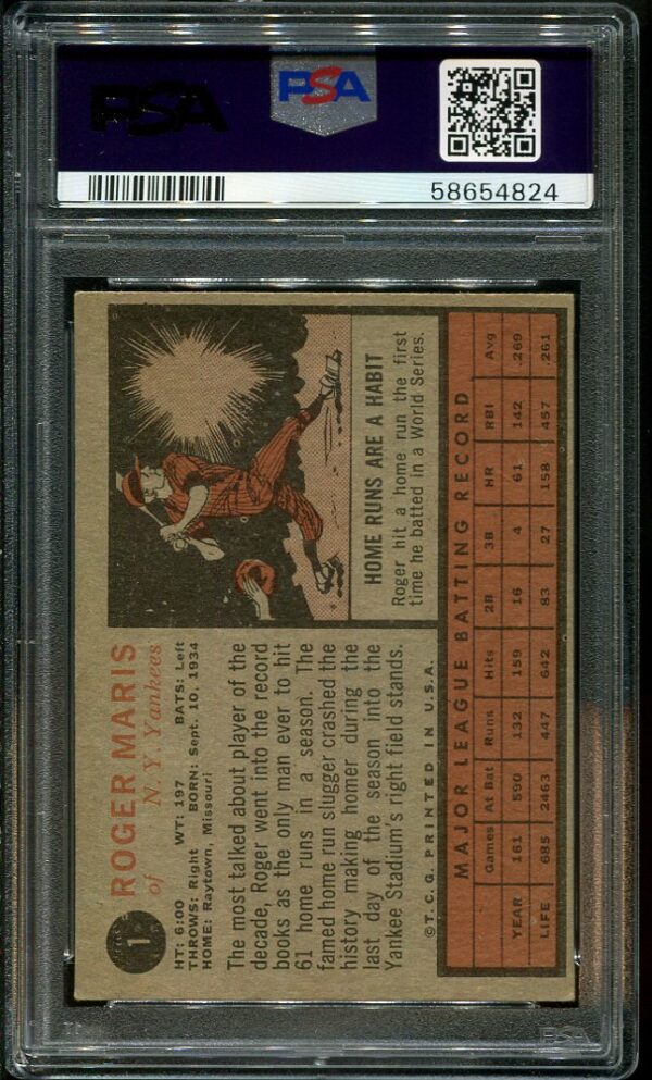 Authentic 1962 Topps #1 Roger Maris PSA 5 Baseball Card