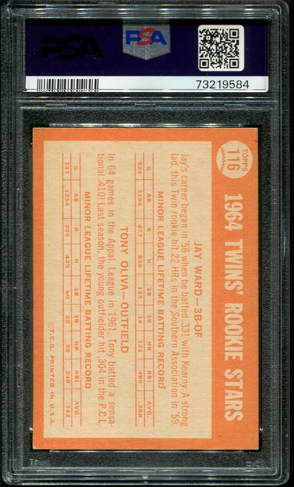 Authentic 1964 Topps #116 Twins Rookies Tony Oliva/Jay Ward PSA 5.5 Baseball Card