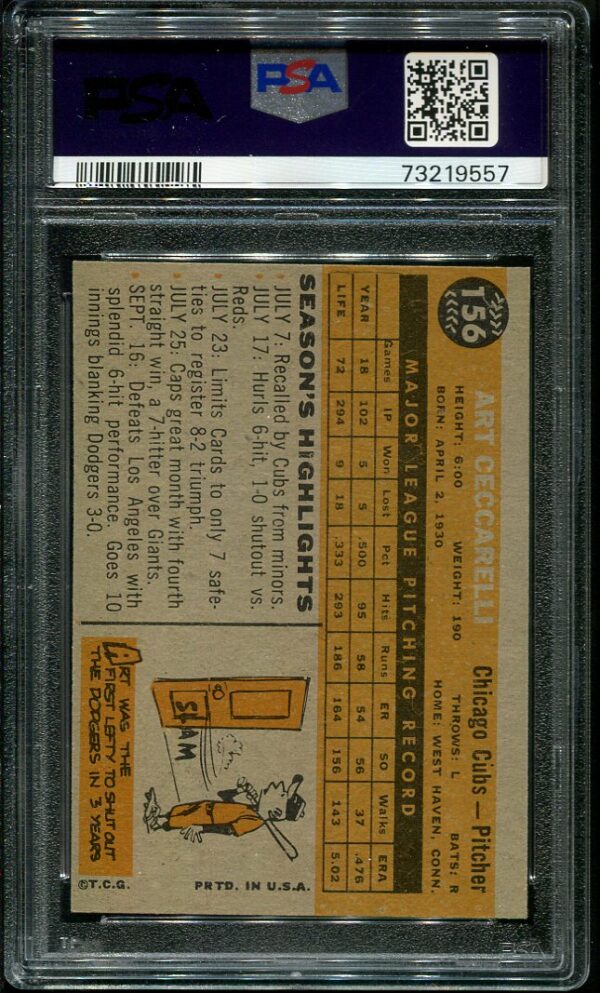 Authentic 1960 Topps #156 Art Ceccarelli PSA 7 Baseball Card