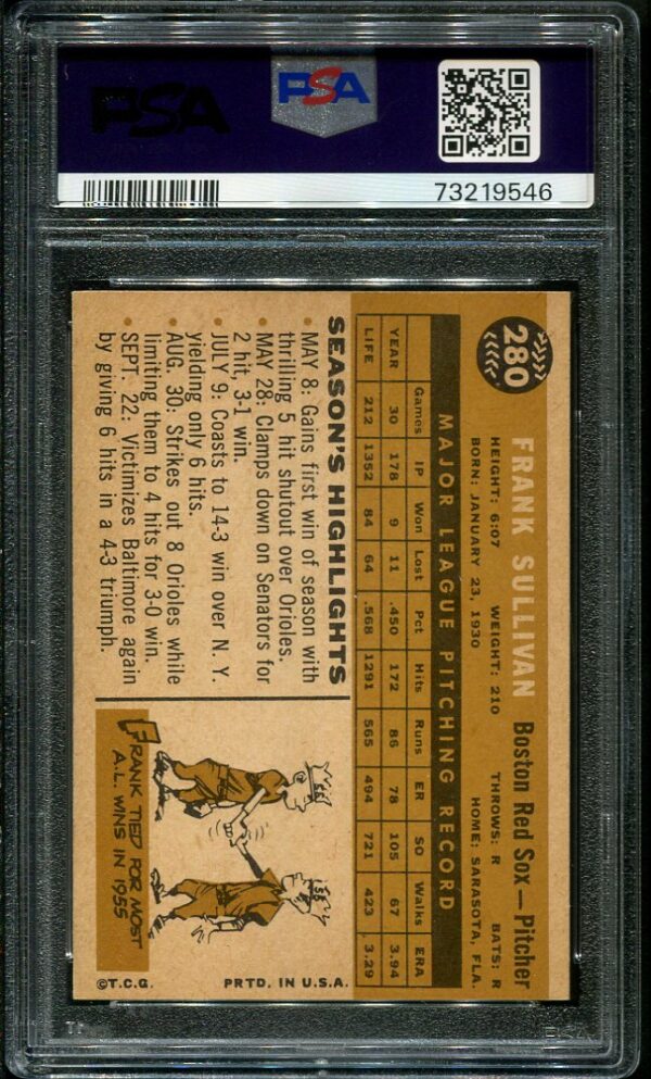 Authentic 1960 Topps #280 Frank Sullivan PSA 6.5 Baseball Card