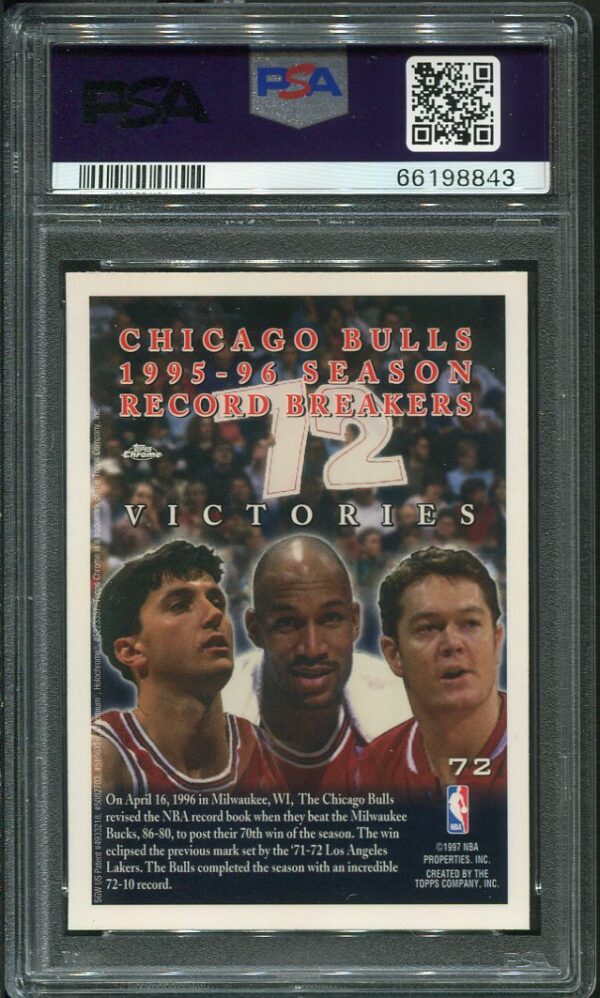 Authentic 1996 Topps Chrome #72 Chicago Bulls 72 Wins (Jordan) PSA 9 Basketball Card