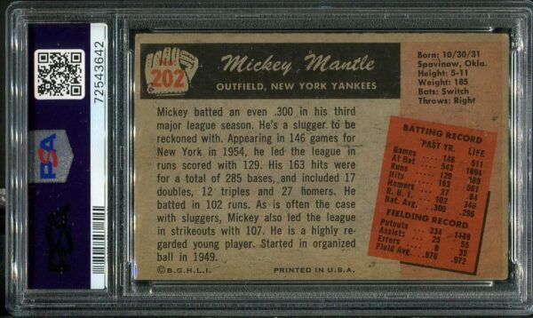 Authentic 1955 Bowman #202 Mickey Mantle PSA 3.5 Baseball Card
