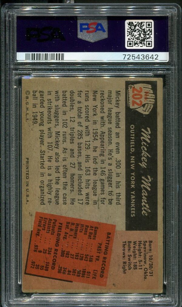 Authentic 1955 Bowman #202 Mickey Mantle PSA 3.5 Baseball Card
