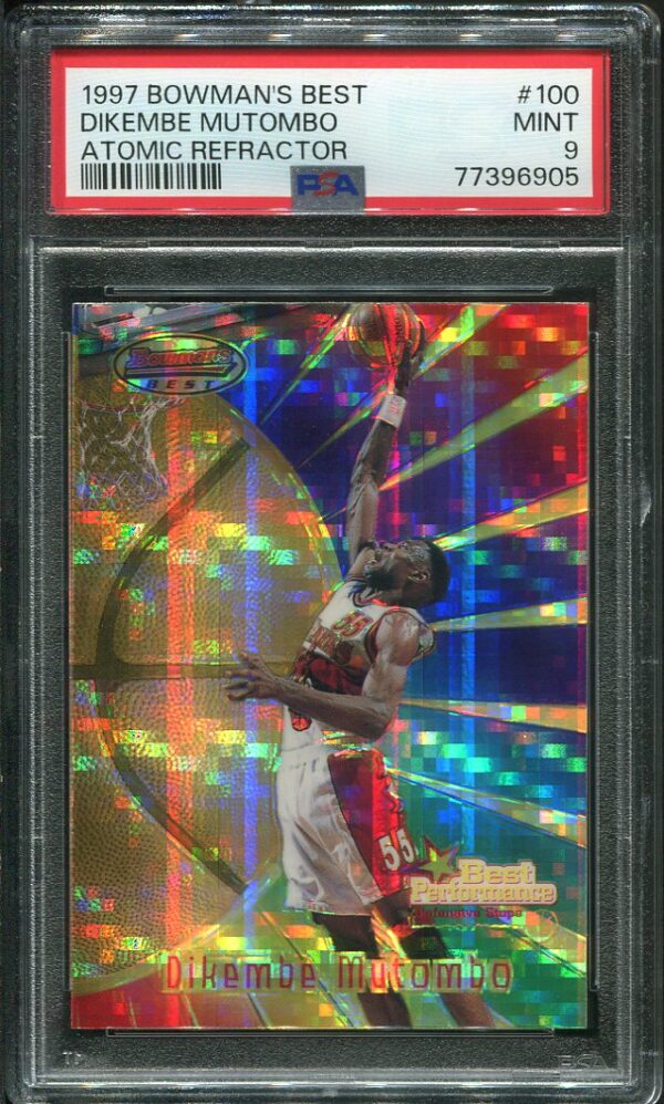 Authentic 1997 Bowman's Best #100 Dikembe Mutombo Atomic Refractor PSA 9 Basketball Card