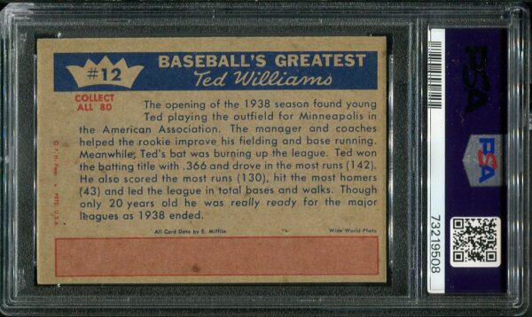 Authentic 1959 Fleer Ted Williams #12 (1939-Burning Up The Minors) PSA 7 Baseball Card
