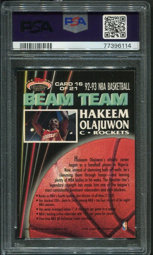 Authentic 1992 Stadium Club Beam Team #16 Hakeem Olajuwon PSA 8 Basketball Card