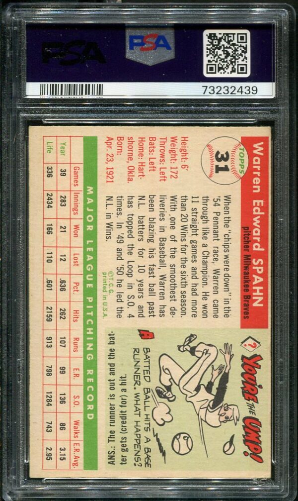 Authentic 1955 Topps #31 Warren Spahn PSA 4 Baseball Card